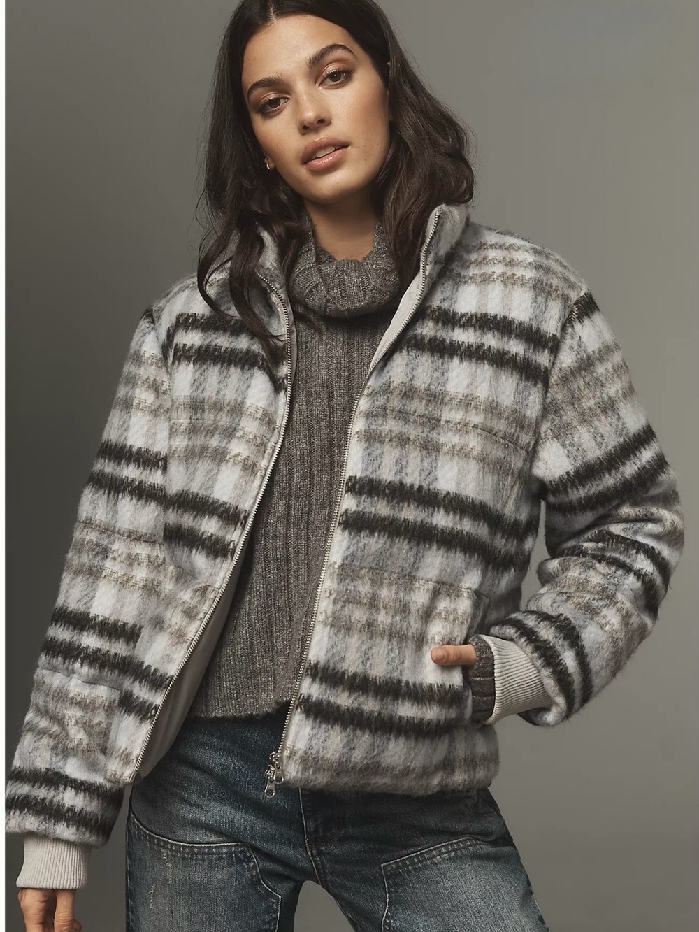 Anthropologie Central Park West Brushed Zip Up Gray Multi Plaid Bomber Jacket